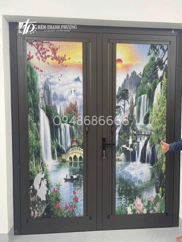 Mẫu vách ngăn rèm tổ ong in tranh kéo về 1 phía lắp đặt tại Hà Nội